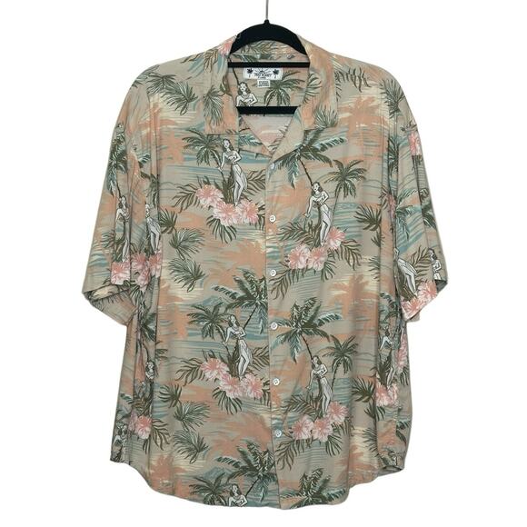 Free Planet men beige green Hawaiian short sleeves button shirt size XL - Picture 8 of 8